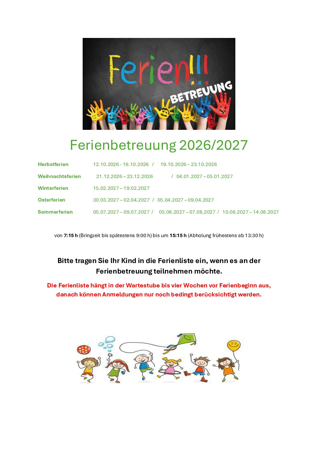 Ferienbetreuung Schuljahr 2026 / 2027